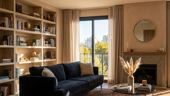 Living luminoso con biblioteca y ventanales al parque