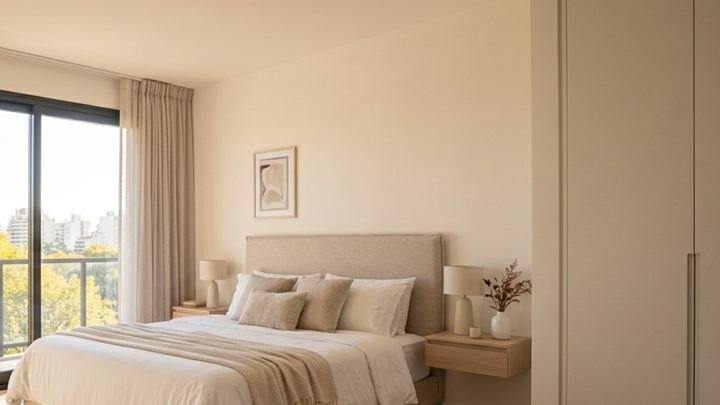 Dormitorio con vista al parque, listo para recibir huéspedes