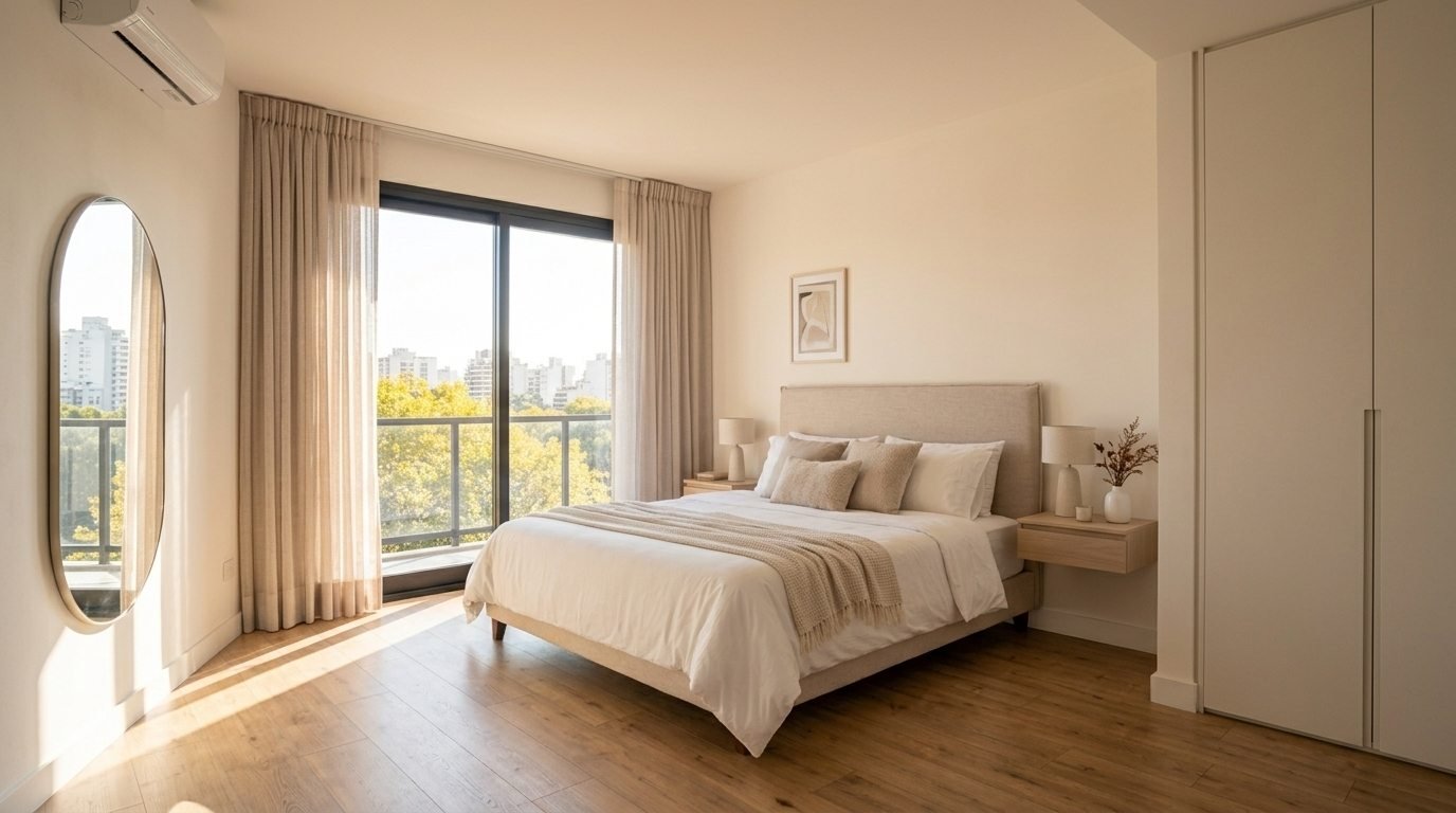 Dormitorio en tonos crema con cama matrimonial y balcón al parque